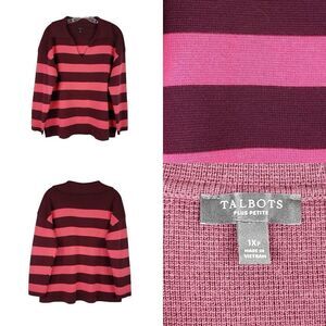 Talbots Sweater Women's Plus Size 1Xp Pink Maroon Striped LS V-Neck Collared